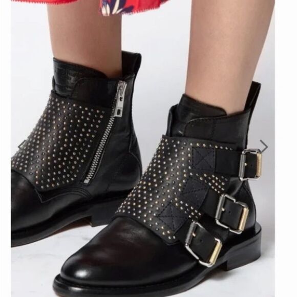 ZADIG & VOLTAIRE Studded Black Leather Ankle Boots Women's 6 Biker Goth Grunge - Picture 1 of 7